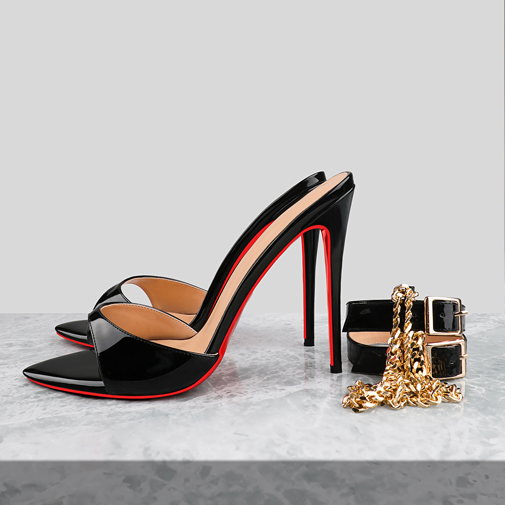 120mm/4.72 Inch Women's Sandals Removable Chain Ankle Strap Pointed Toe Mules Heels Red Bottom Heels