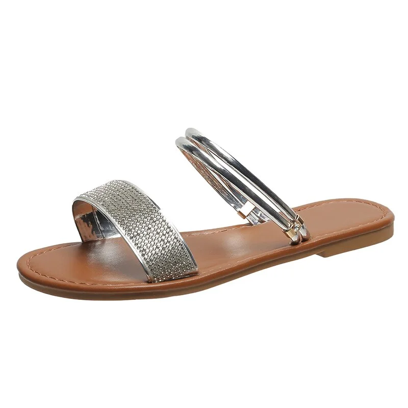 Qengg Summer New Women's Fashion Gold Silver Patent Leather Flat Heel Sandals Bling Rhinestone Narrow Band Beach Casual Slippers