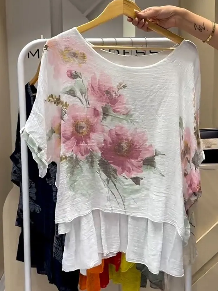 Women's Positioned Printed Round Neck Short Sleeve Casual Cotton and Linen Top