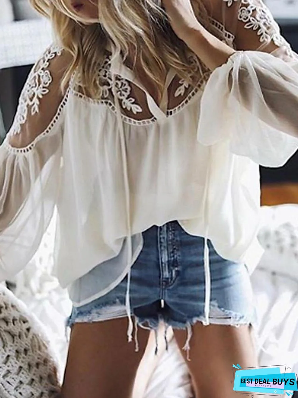 Women's Blouse Shirt Solid Colored Plain Long Sleeve Mesh Lace V Neck Tops Loose Basic Top White Black-0203815