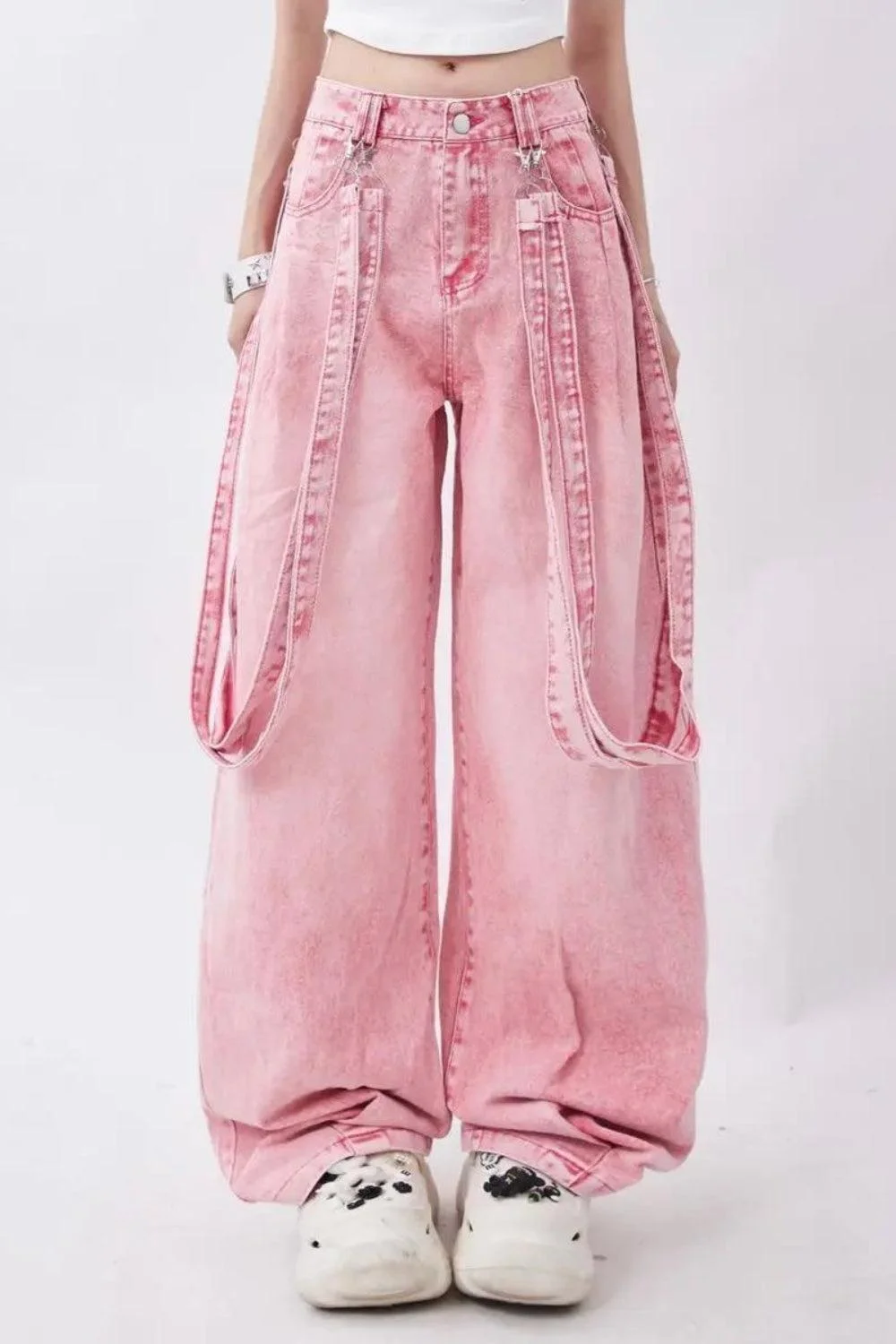 Brownm Soft Girl Double Belted Baggy Jeans