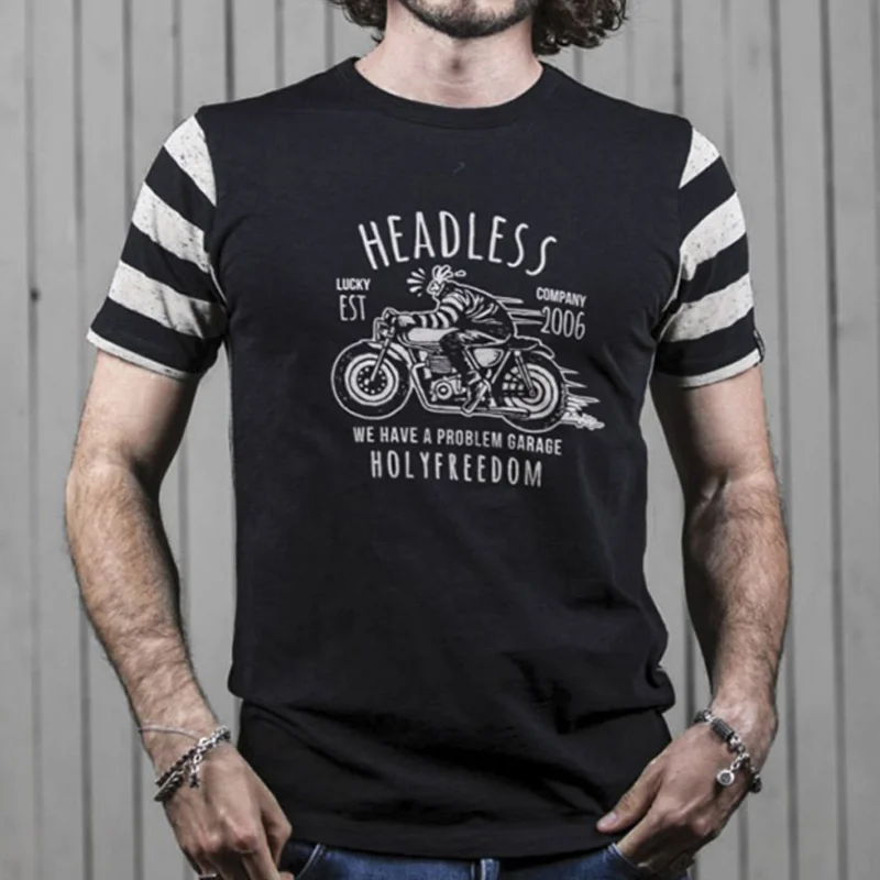 Vintage Motorcycle Black And White Stripe Print Short-sleeved T-shirt