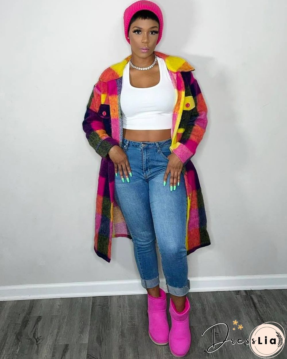 Plaid Lapel Single-breasted Woolen Long Coat