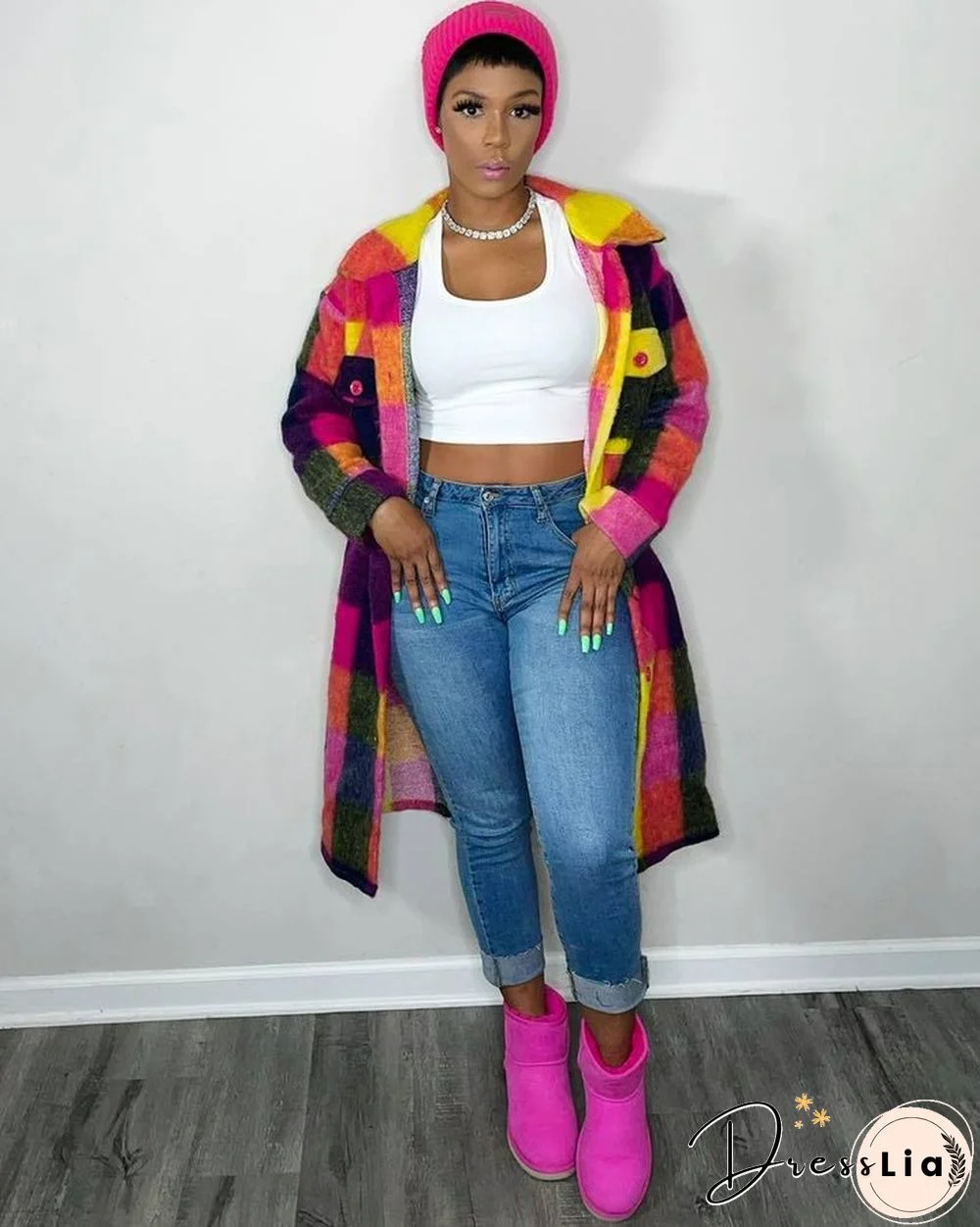 Plaid Lapel Single-breasted Woolen Long Coat