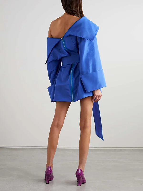 Long Sleeves Wrap Belted Hollow Solid Color Zipper One-Shoulder Mini Dresses