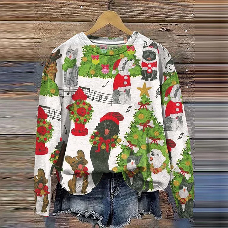 Comstylish Christmas Dog Print Crew Neck Sweatshirt