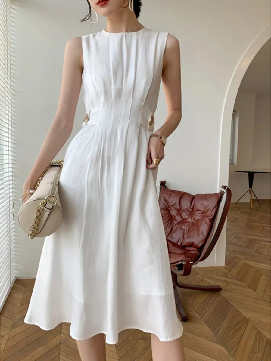 Round Neck Waist Retraction Sleeveless Midi Dress