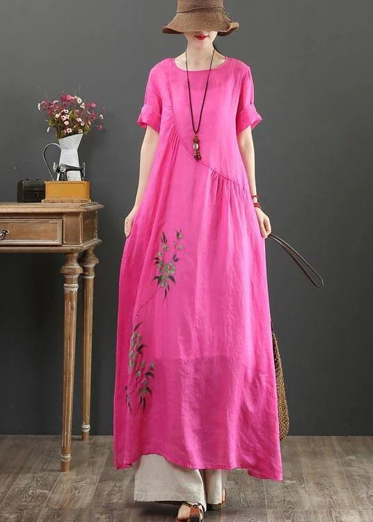 Chic Rose Print asymmetrical design Party Summer Linen Dress