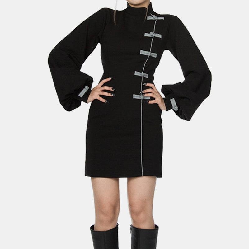 Reflective Buttons Puff Sleeve Dress