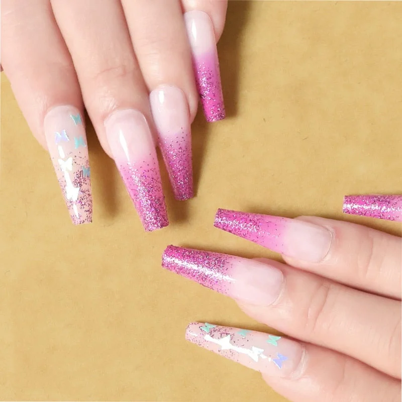 24pcs/box fake nails with glue designed colourful Gold thread rainbow paragraph press on nails coffin girls nail tips stick-on-Nail Inspo