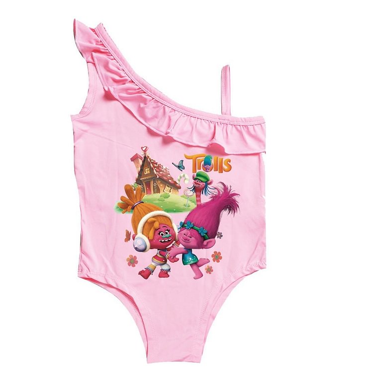 Mayoulove Trolls Print Little Girls Purple Ruffle One Piece Shoulder Swimsuit-Mayoulove