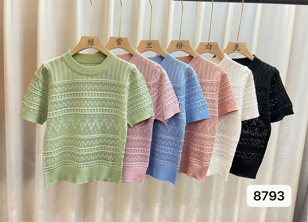 Uveng Uveng Version Of Chic Summer Sweet Round Collar Hooded T-Shirt Design Hollow Flowers Thin Knitted Shirt Woman