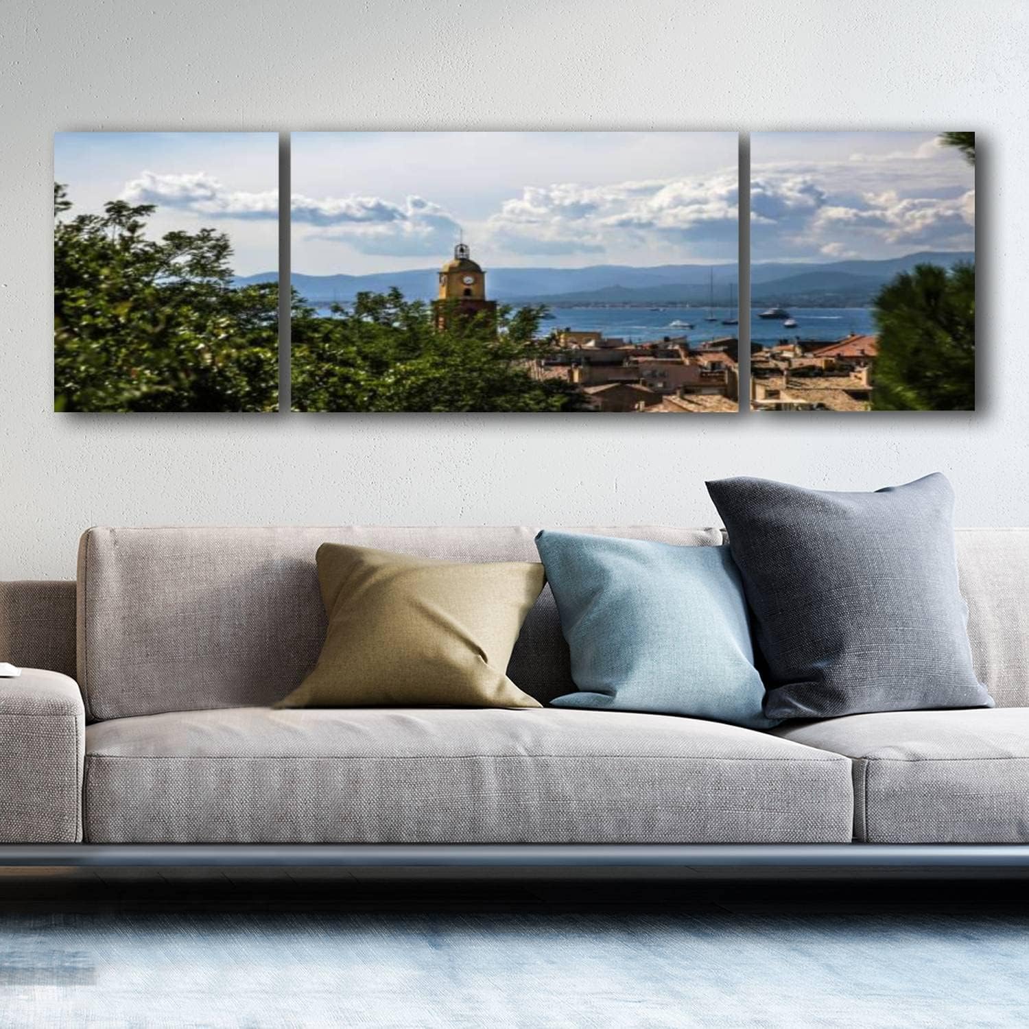 Framed Art Giclee Canvas Prints Historical Old Town of St Tropez a popular resort on Mediterranean sea Canvas Wall Art Fashion Family Paintings for Living Room Office Decor Hang Pictures 63W x 20H Multi9