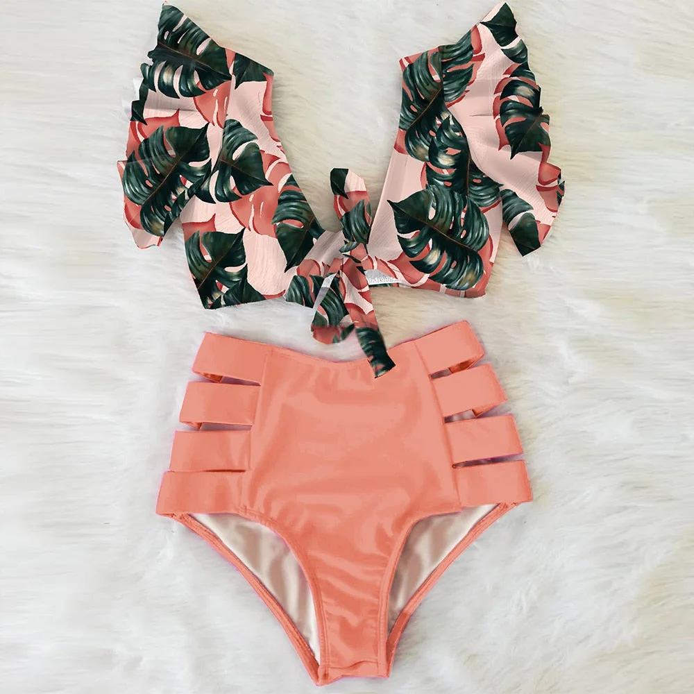 High Waist Ruffled Sexy Bikini Set 2022 Flounce Biquini Swimwear Women Two Pieces Swimsuit Floral Beachwear V-Neck Bathing Suit