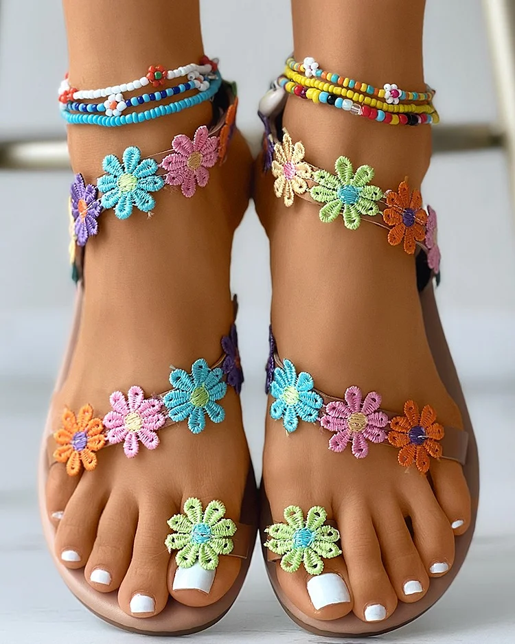 Floral Pattern Toe Ring Sandals  Stunahome.com