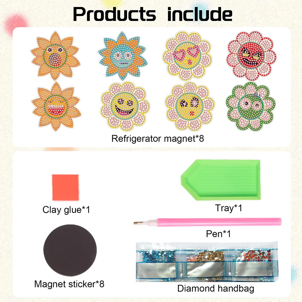 8Pcs DIY Summer Flowers Special Shape Diamond Painting Fridge Magnet for Home Decor