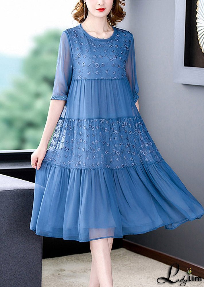 French Blue O-Neck Embroideried Patchwork Silk Long Dresses Summer