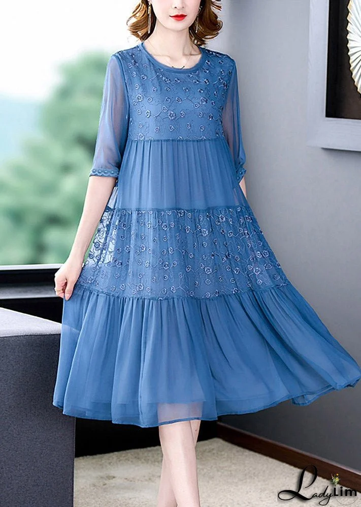 French Blue O-Neck Embroideried Patchwork Silk Long Dresses Summer