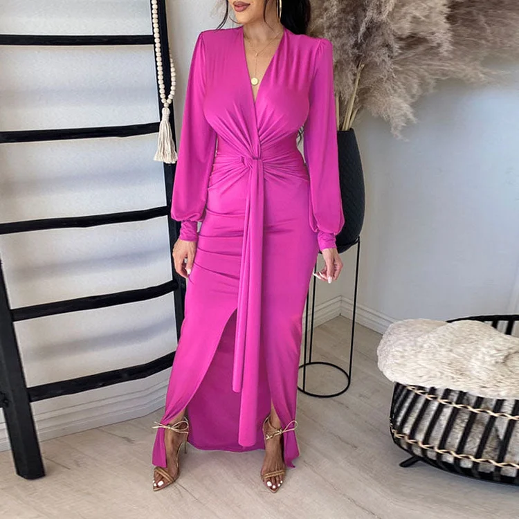 Solid V-Neck Long Sleeve High Slit Shirt Dress - IRBOOM Fashion Clothing