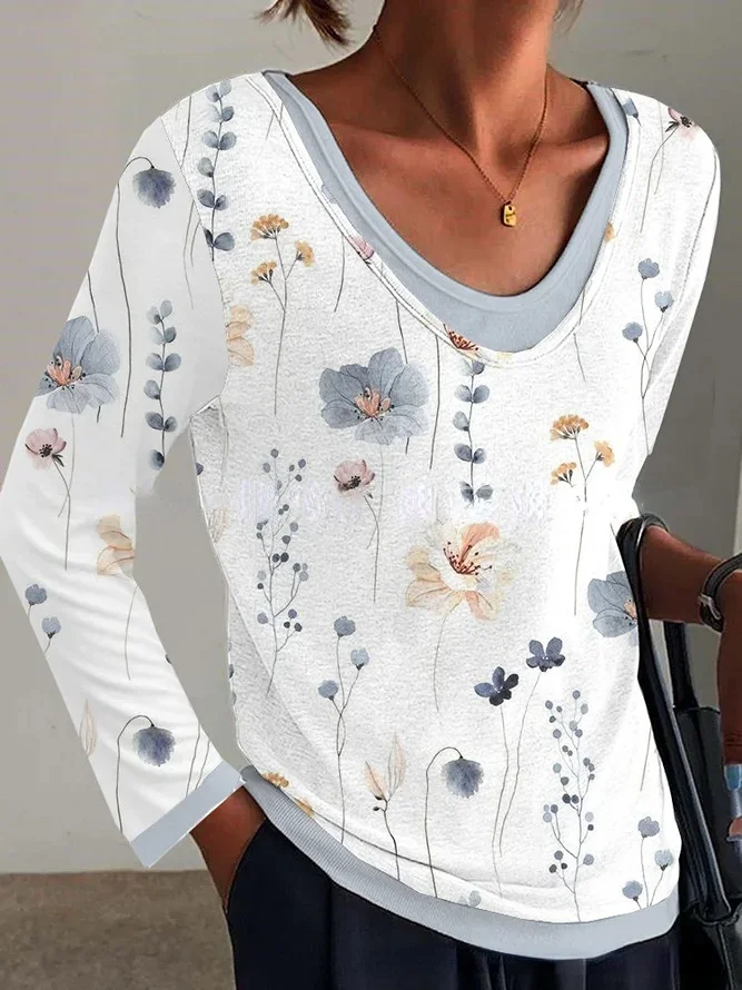 Casual Round Neck Long Sleeve Pullover T-shirt
