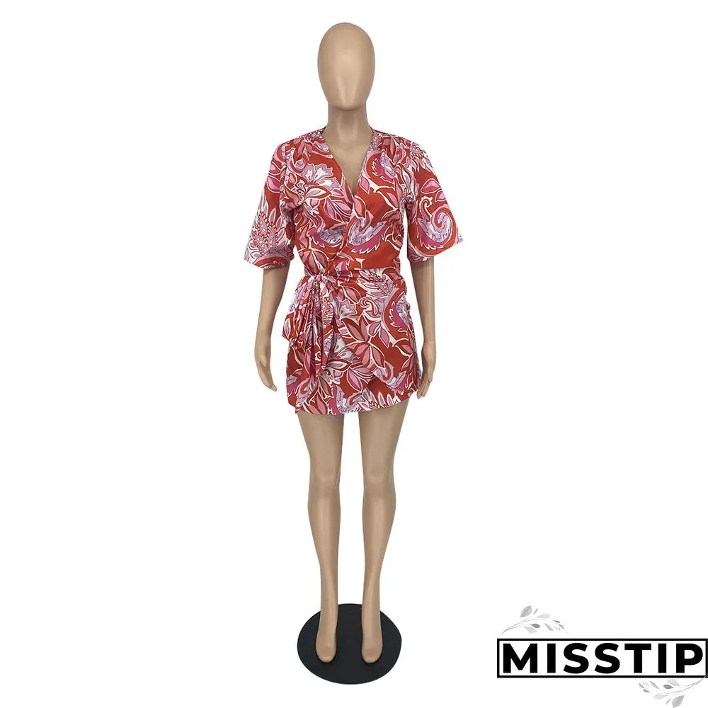 Summer Sexy Women Print Floral Short Sleeve Neck Lace Shirt Line Beach Party Mini Dress ##