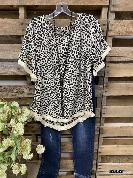Casual leopard print comfortable round neck top