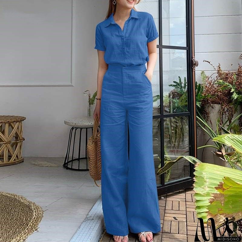 MidiSono - Women Fashion Casual Solid Color Lapel Short Sleeve Top Pants Two-Piece Set