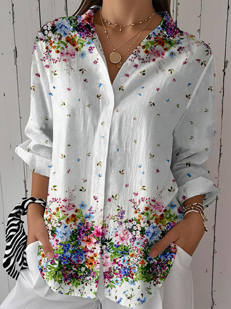 Women Long Sleeve V-neck Graphic Floral Printed Top