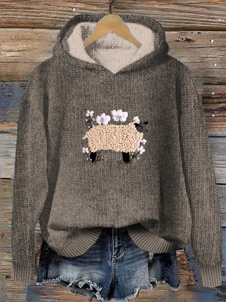 VChics Sheep & Flower Embroidery Pattern Cozy Hooded Sweater