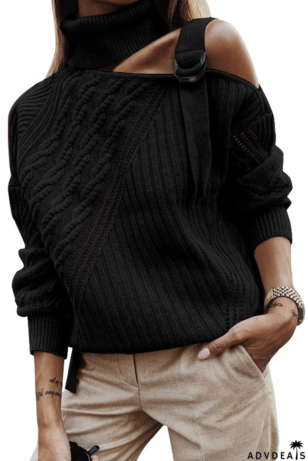 Strapped Cut out Shoulder Turtleneck Sweater