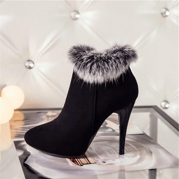 Black Suede Furry Stiletto Heel Ankle Booties Nicepairs