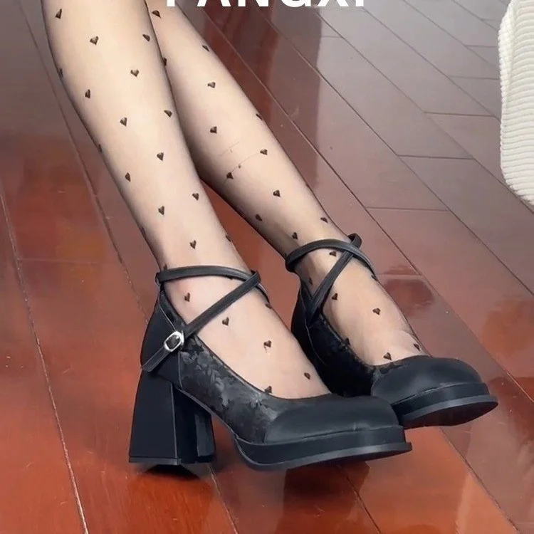 Woherb Woherb New National Style With Skirt Waterproof Platform High Heels Woman's Head Button Mary Jane Shoes Thick Heel Shoes-Outfit Ideas