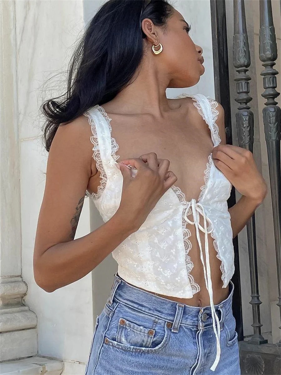 Chic Lace Ruffle Trim Vest Tops Women Summer White Tank Tops Elegant Casual Street Party Straps Low Cut Tie Up Crop Tops