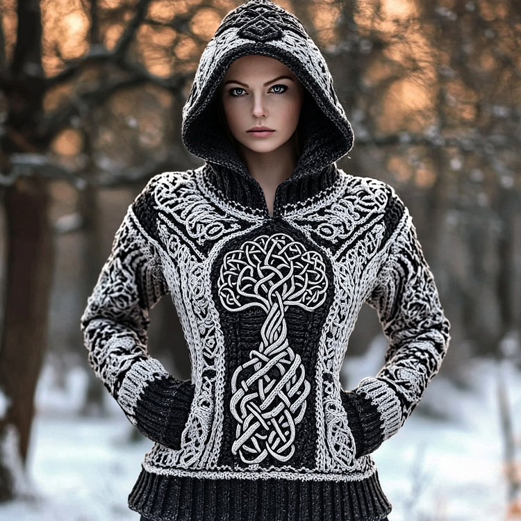 VChics Women's Viking Tree Style Celtic Knit Warm Hooded Sweater