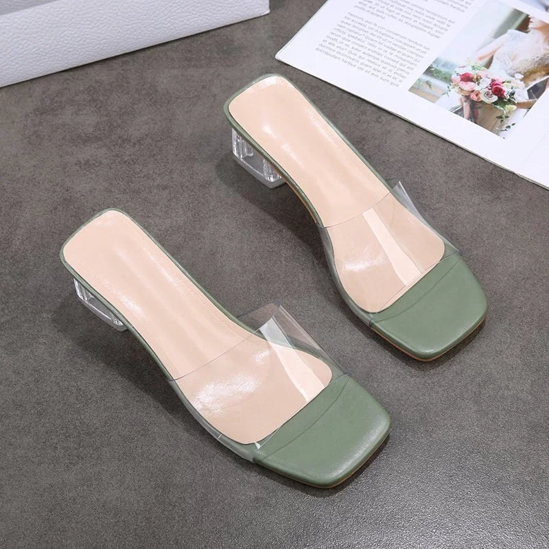 New Summer Clear Transparent Slippers Women Shoes Woman Mules Crystal Sexy Ladies Shoes Thick High Heels Casual Shoes Plus Size