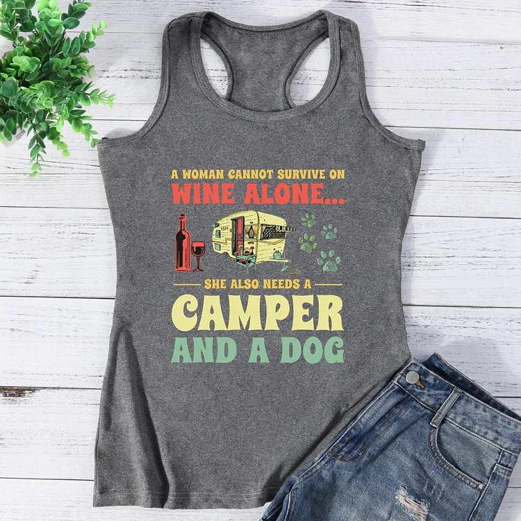 A Woman Cannot Survive On Wine Alone Funny Camper Dog Lovers Vest Top-Annaletters