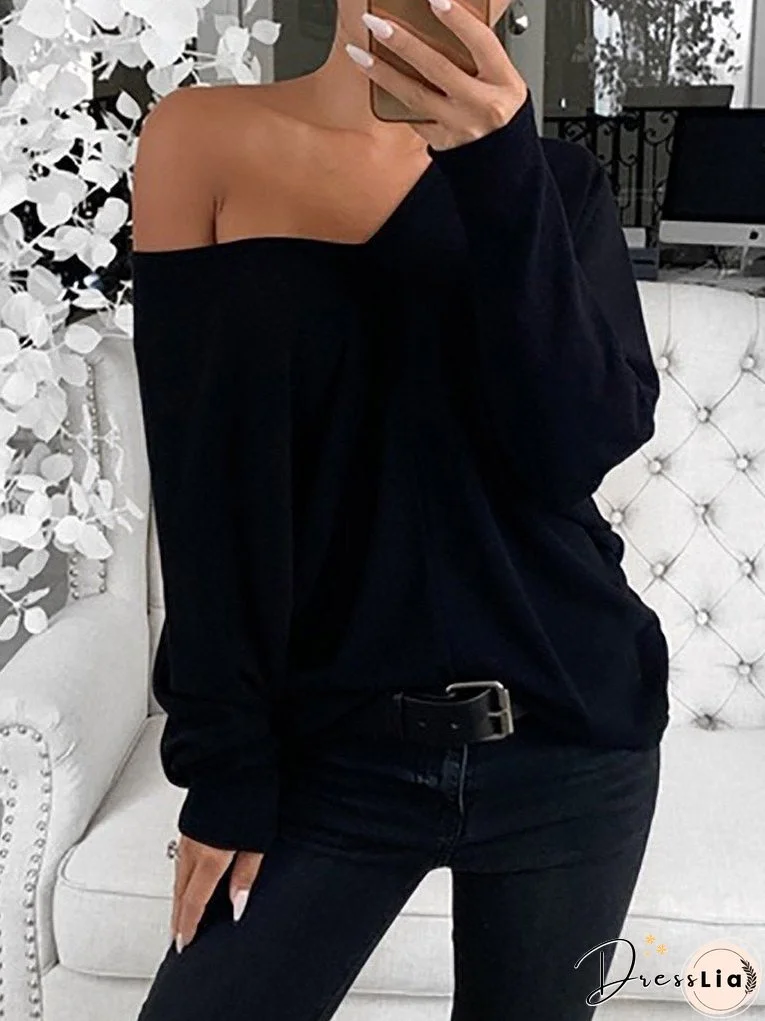 Women's T-Shirts Simple V-Neck Off-Shoulder Long Sleeve T-Shirt