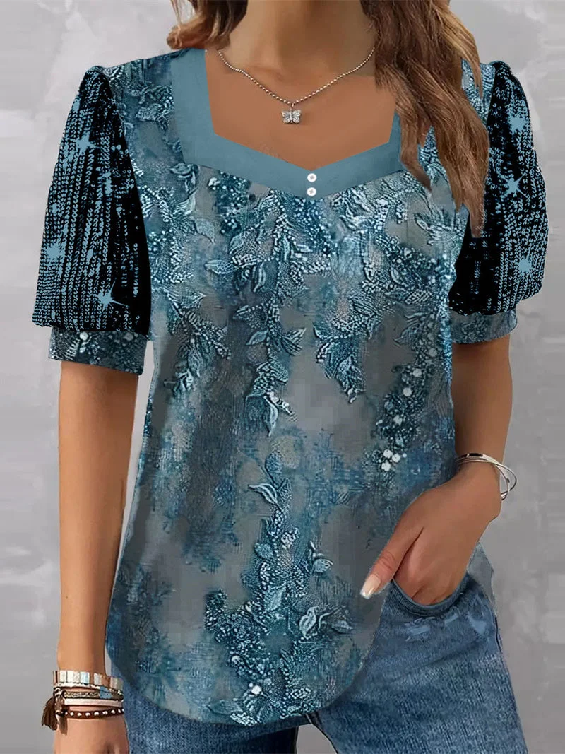 Women plus size clothing Women's Short Sleeve V-neck Floral Printed Sequins Stitching Top-Nordswear
