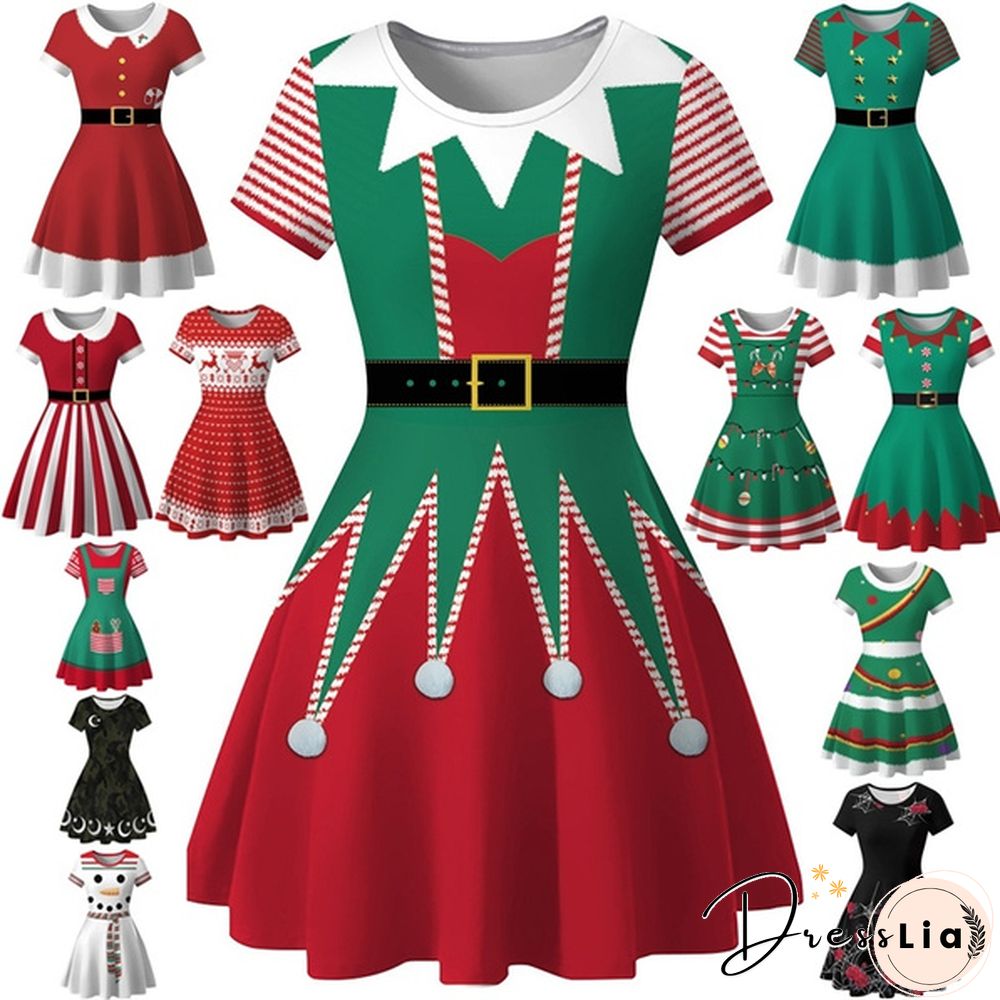 Christmas Deer Elk Snowman Print Short Sleeve Dress Xmas Santa Claus Women Dress