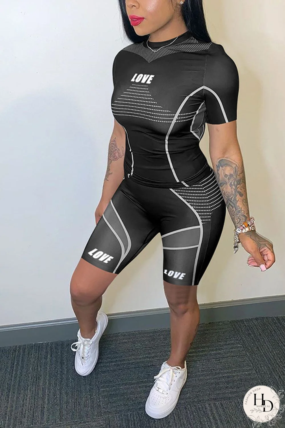 Dark Gray knit Sexy Patchwork Print Straight Short Sleeve Two Pieces