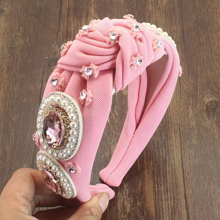 New Luxury Bohemian Fashion Hair Accessories Headband Pink Crystal Bow Baroque Hairband Center Cross Headwear For Women Wedding
