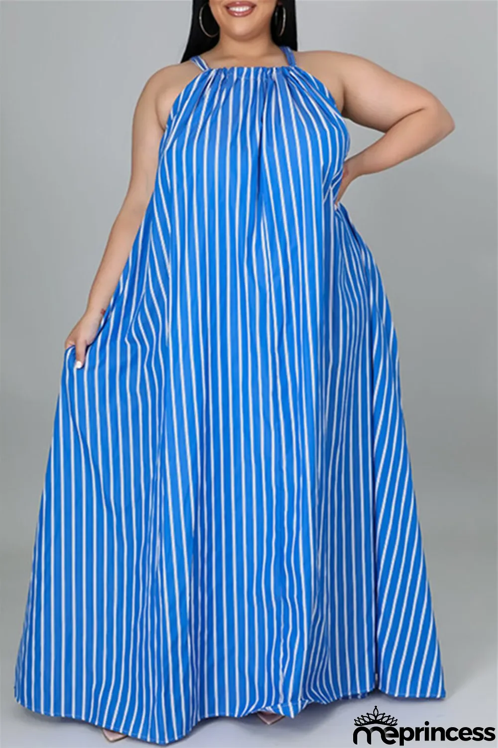 Light Blue Fashion Casual Plus Size Striped Print Backless O Neck Sleeveless Dress