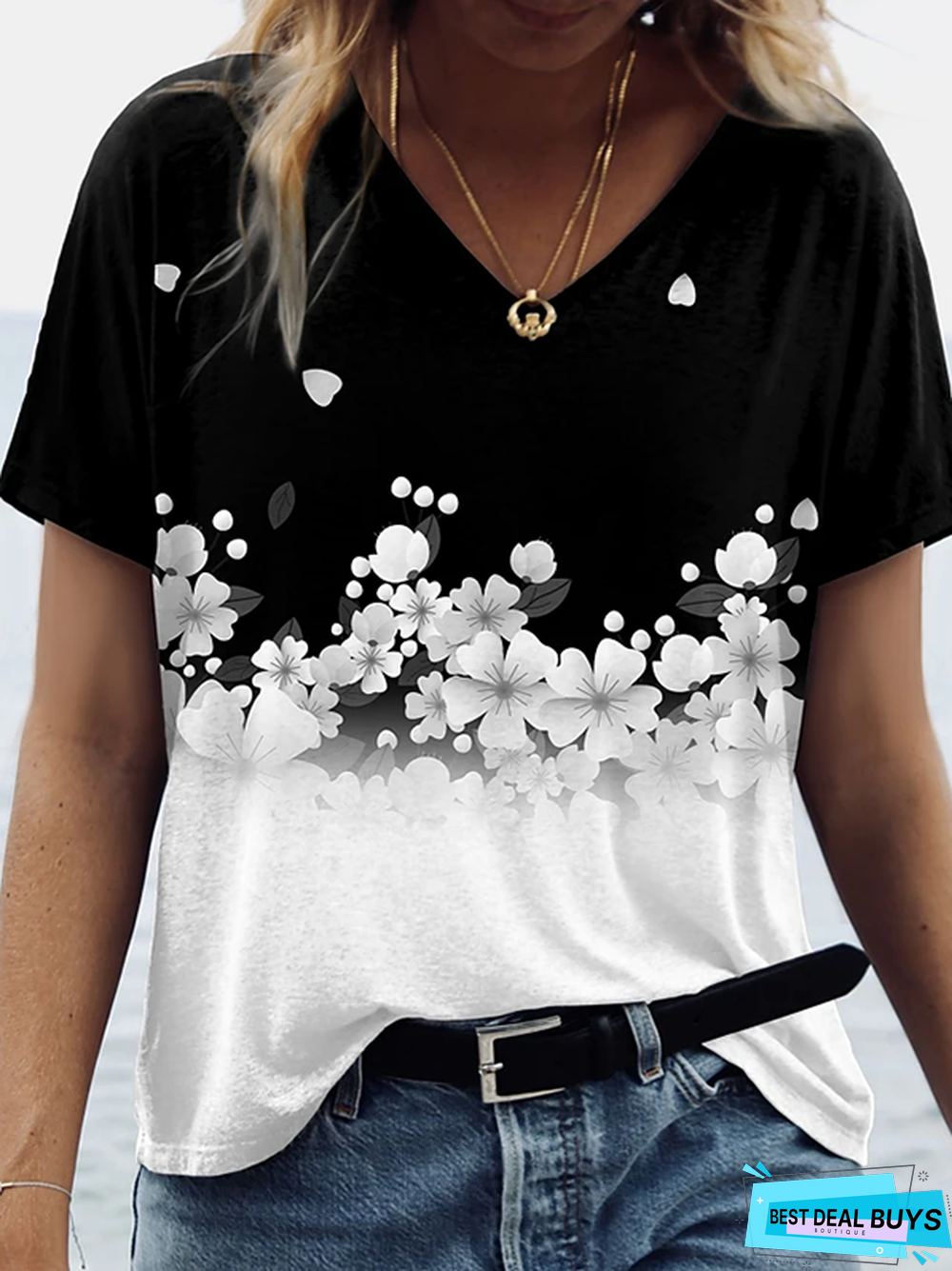 Cotton-Blend Short Sleeve Floral-Print Casual Tops