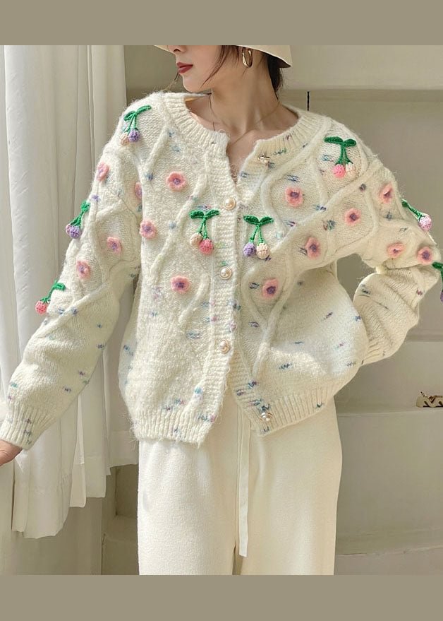 Beautiful White Button Floral Knit Cardigans Spring CK235- Fabulory