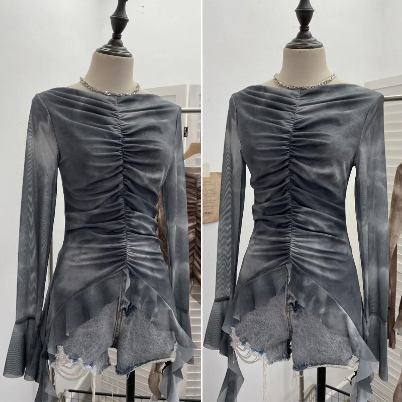 Nigikala Nigikala Shooting Hot Girl Horn Sleeve Net Yarn Bottom Shirt Girl Body Waste Wind Irregular Ribbon Long-Sleeved Top 2708