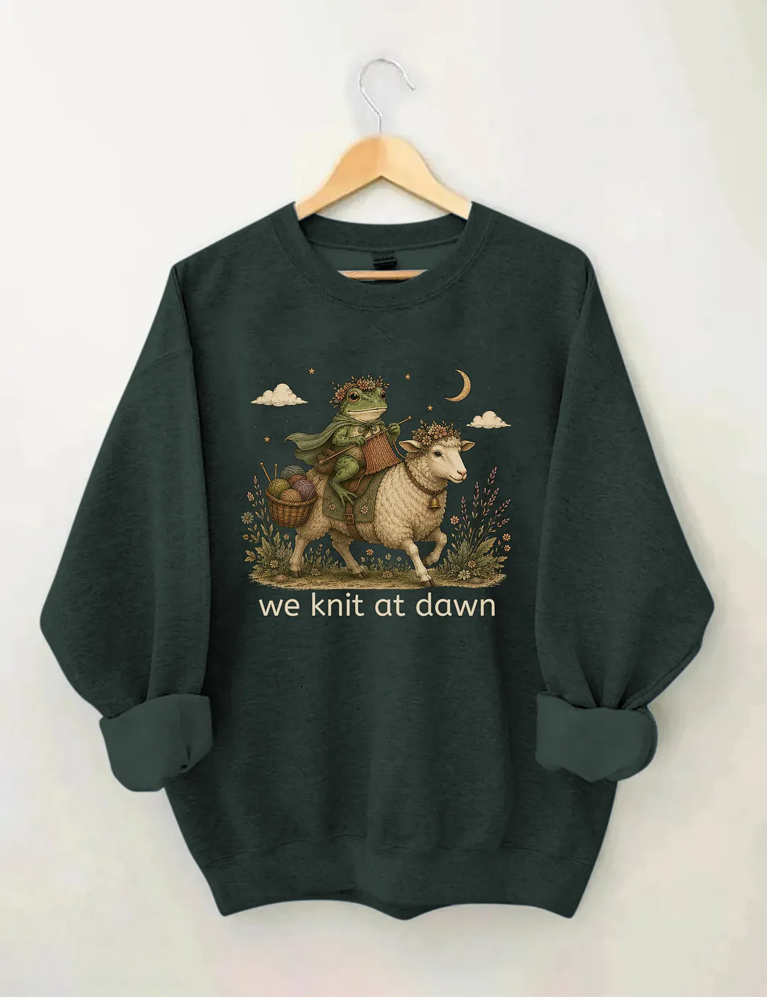 We Knit At Dawn Knitter Frog And Sheep Sweatshirt