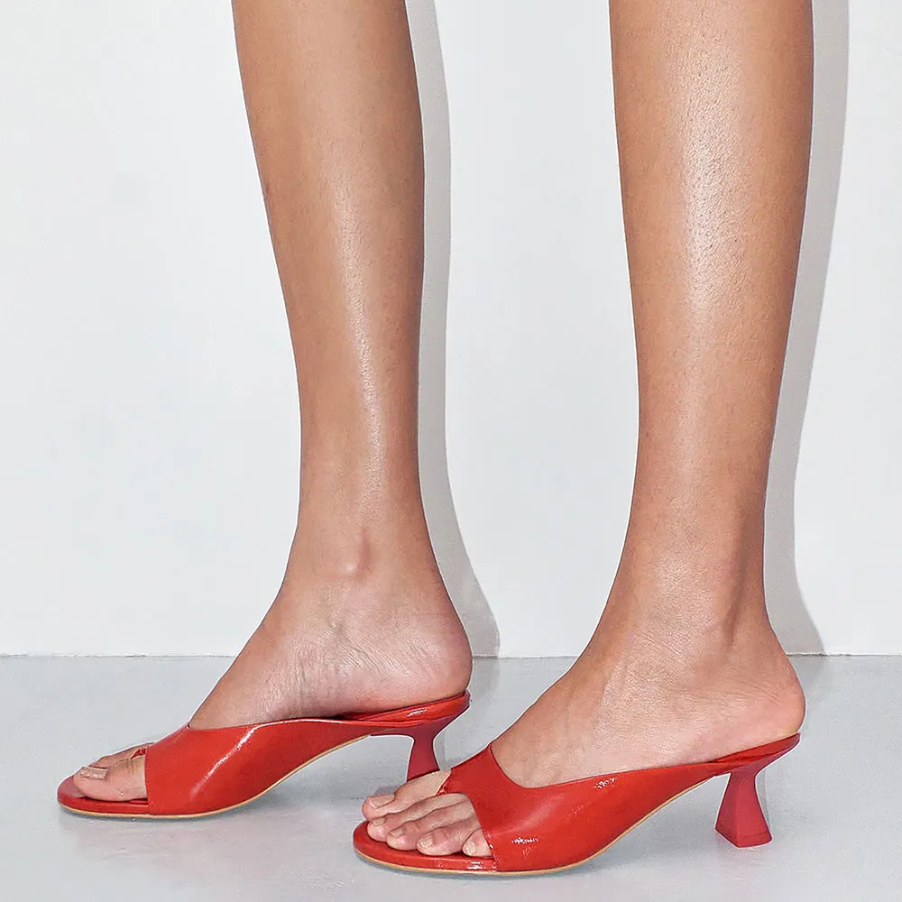Red Faux Leather Round Toe Slip On Flip Flops Heeled Mules