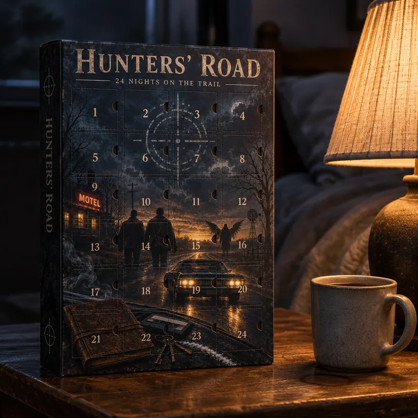 Hunter's Road calendar displayed beside a warm lamp and coffee mug