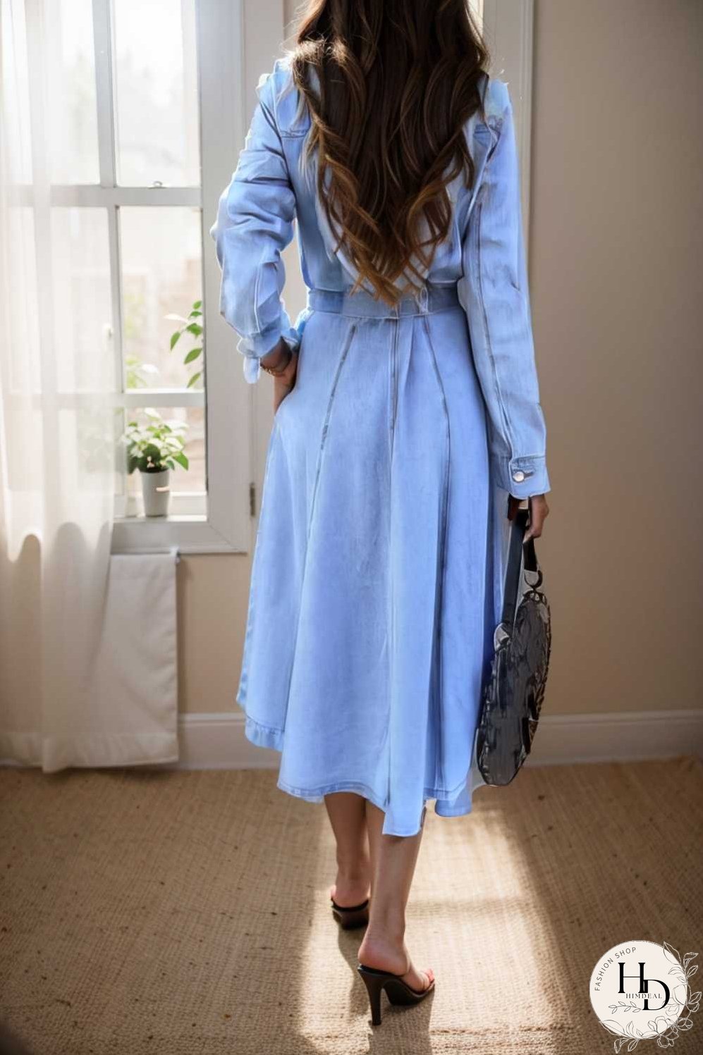 pocket lapel belted long sleeve denim dress