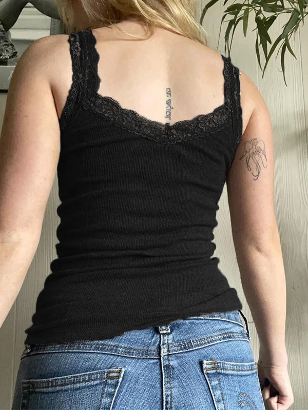 Brownm Black Tank Top with Lace Trim